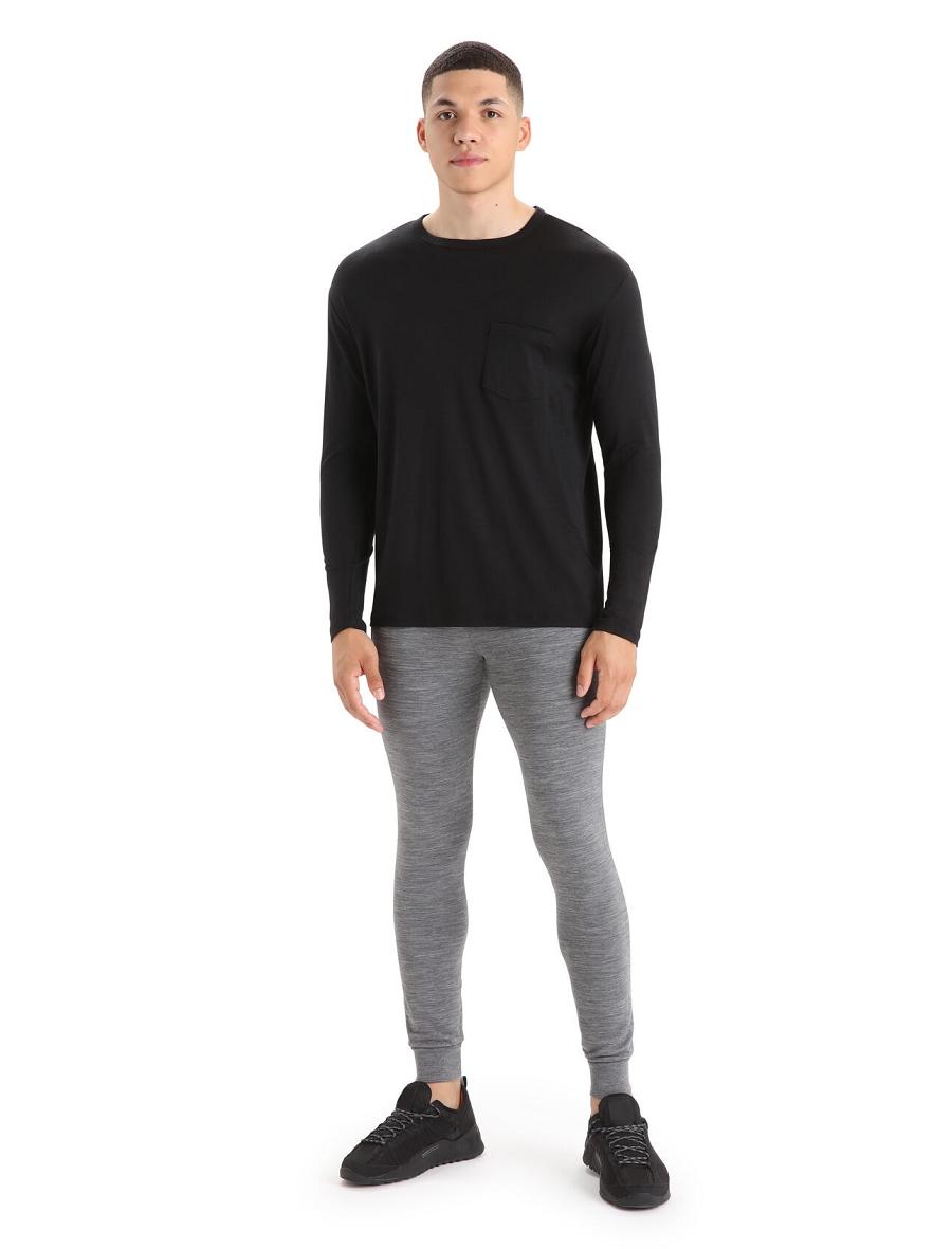 Black Icebreaker Merino Granary Pocket T-Shirt Men's Long Sleeve | AU 1239NWYB